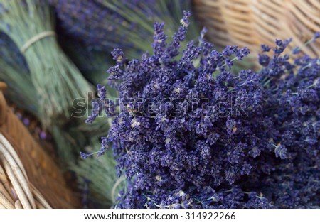 Bunch of lavender flowers on wicker basket. Lavender souvenirs in eco friendly packaging. Photographed in Provence region.