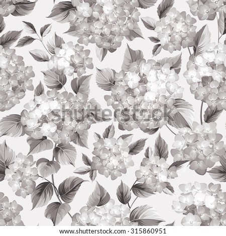 Purple flower hydrangea on seamless background. Mop head hydrangea flower pattern. Beautiful sepia flowers. Vector illustration.