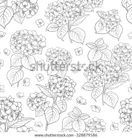 Flower pattern of hydrangea flowers. Seamless texture over white background for your design. Vector illustration