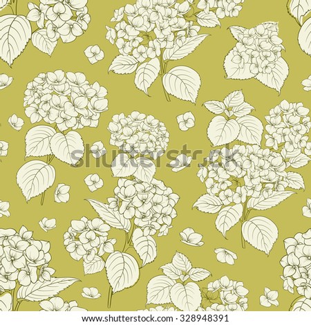 Flower pattern of hydrangea flowers. Seamless texture over brown background for your design. Vector illustration