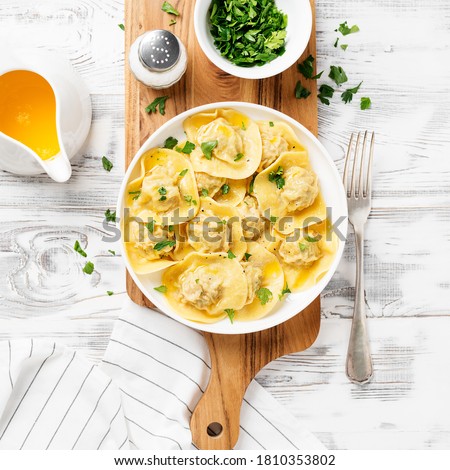 Similar – Image, Stock Photo Spinach ravioli with butter and sage