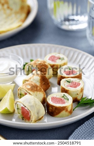 Similar – Foto Bild Mit Käse gefüllte und im Ofen gebackene Crêpes-Rolle, Ansicht von oben