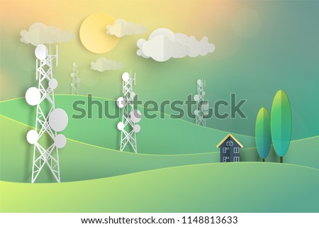 telecommunication mast television antennas in paper cut vintage pastel style on mountain