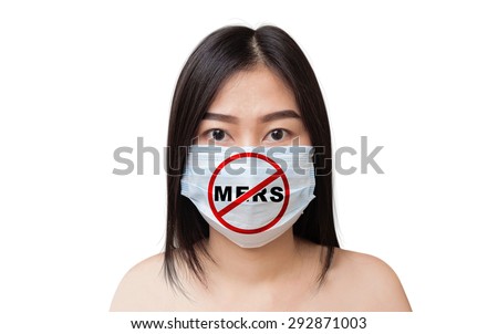 asia woman in protective medical mask on white background and anti mers symbol on the mask.clipping path