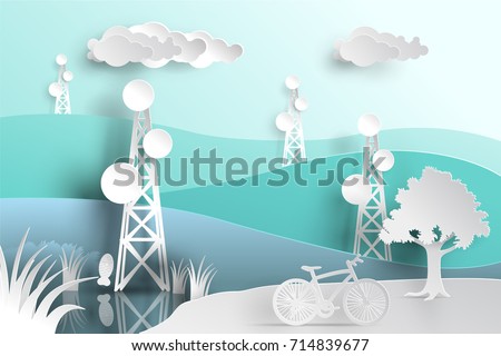 telecommunication mast television antennas in paper cut style on mountain