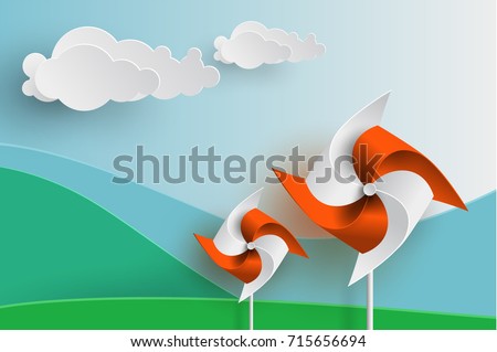 Orange and White Wind turbine on Mountain background in Paper cut Style
