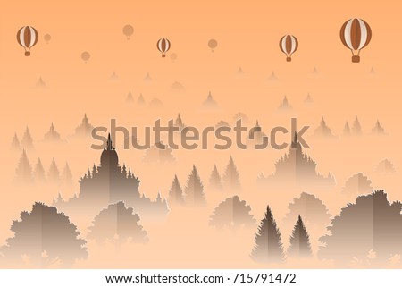 a lot of pagoda and balloon in fog in paper cut style