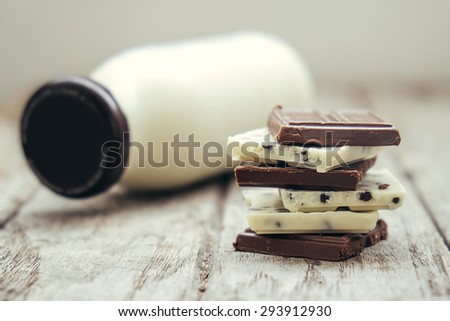 Chocolate Sheet with Milk in glass bottle on wooden ,still life of food , lifestyle