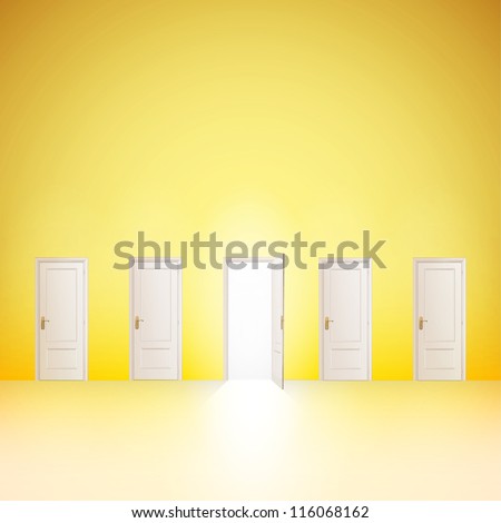 One door open and the others closed. Vector design.