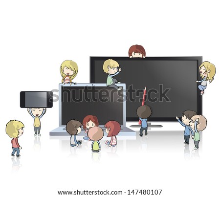 Kids holding TV, computer,CD and phone. Vector design. 