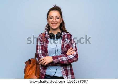 Similar – Image, Stock Photo Teenager girl with backpack and bike standing on metro station holding smart phone in hand, scrolling and texting, smiling and laughing. Futuristic bright subway station. Finland, Espoo