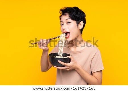 Similar – Image, Stock Photo Young female eating noodles and watching TV