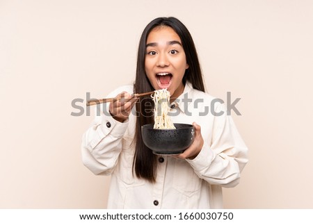 Similar – Image, Stock Photo Young female eating noodles and watching TV