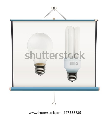 Realistic bulbs inside projector screen over white background