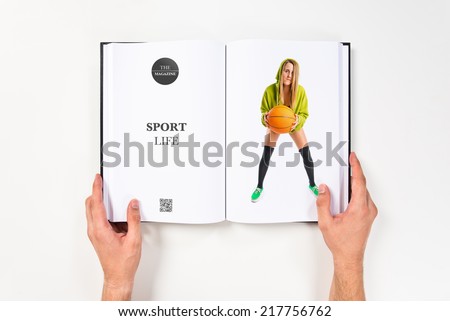 Blonde girl playing basketball printed on book