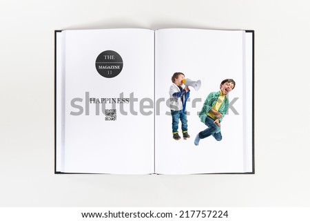 Kid shouting at his friend by megaphone printed on book