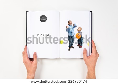 Friends playing with balloons printed on book