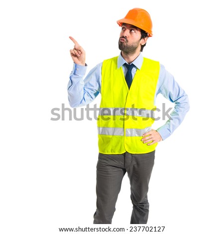 Worker thinking over white background