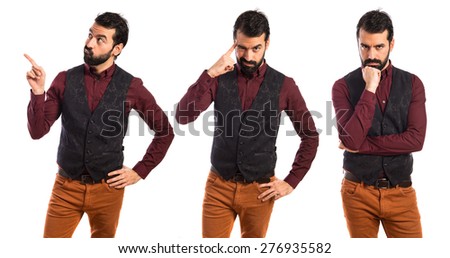 Set images of man wearing waistcoat thinking