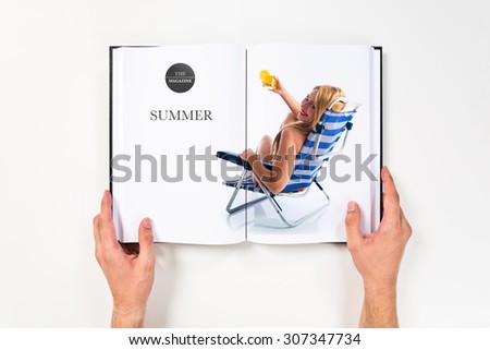 Young woman in bikini holding a cocktail printed on book