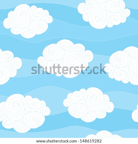 Cartoon curly clouds on blue sky. Seamless background