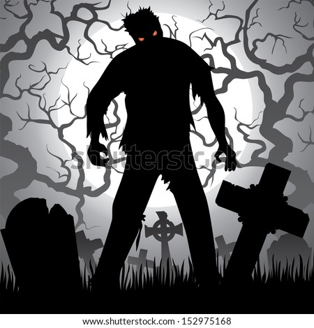 Halloween background with zombie, tree, tombstones and the moon on the cemetery