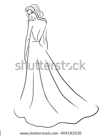 Woman In Evening Or Wedding Dress Isolated On White. Outline Sketch ...