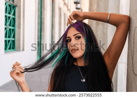 Similar – Image, Stock Photo cheerful young woman between red stripes
