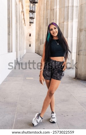Similar – Image, Stock Photo cheerful young woman between red stripes