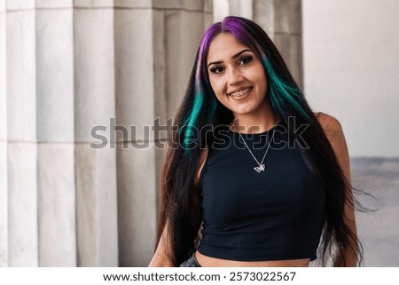 Similar – Image, Stock Photo cheerful young woman between red stripes