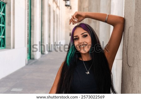Similar – Image, Stock Photo cheerful young woman between red stripes