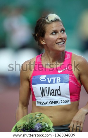 THESSALONIKI, GREECE - SEPT 12:Anna Willard celebrates winning the women's 800m final at the IAAF 2009 World Athletics Final on September 12, 2009 in Kaftatzoglio stadium,Thessaloniki,Greece