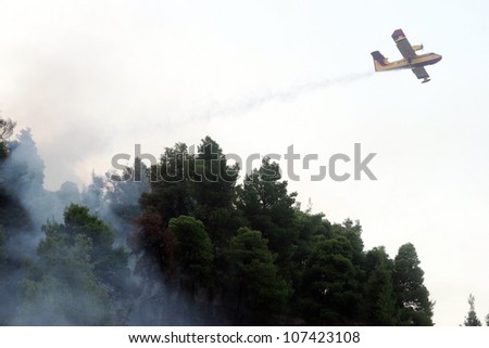 CHALKIDIKI, GREECE - AUGUST, 21 : Fire-fighting plane fights a forest fire 21 August 2006 ripping through the Halkidiki Peninsula in northern Greece