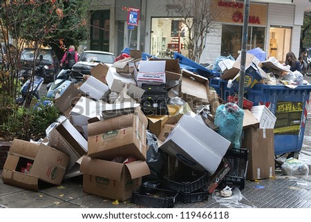 THESSALONIKI,GREECE - NOV,20: Streets filled with garbage due to garbage men strike for 2 weeks in the city of Thessaloniki . on Nov 20, 2012 in Thessaloniki, Greece.