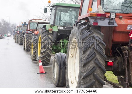 VERIA, GREECE - FEBRUARY 6 2014: Protest by farmers with their tractors on main roads in Veria for fairer tax system