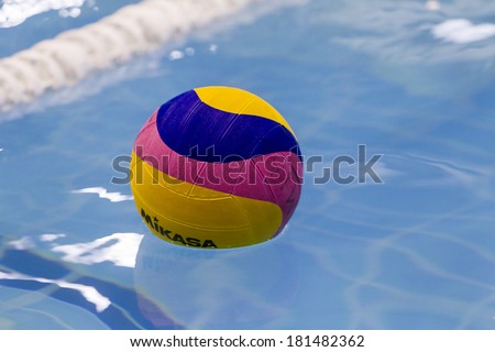 THESSALONIKI, GREECE MAR 5, 2014 : A water polo ball floating on the water in a pool during the water polo game PAOK vs Nereas on March 5, 2014.