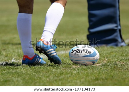 THESSALONIKI, GREECE- MAY 31, 2014: Rugby ball during the match of Turkey vs Montenegro for the European Championship Rugby, which took place in Thessaloniki, Greece.