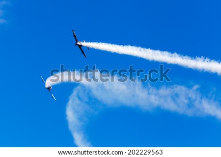 KAVALA, GREECE- JUNE 21, 2014: Aircraft of the Pioneer Team taking part in an exhibition for Kavala Airshow 2014, in Kavala, Greece.