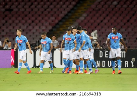 NAPLES, ITALY- AUGUST 2, 2014: The players of Napoli celebrating their goal during the friendly match Napoli vs Paok.