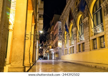 The historic center of Corfu town at night, Greece