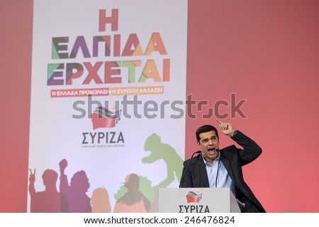 Thessaloniki, Greece JJanuary 21, 2015 - Alexis Tsipras leader of the Coalition of the Radical Left (SYRIZA) speaks in Palai de sport, Thessaloniki, Greece few days before the National elections 2015