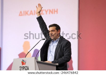 Thessaloniki, Greece JJanuary 21, 2015 - Alexis Tsipras leader of the Coalition of the Radical Left (SYRIZA) speaks in Palai de sport, Thessaloniki, Greece few days before the National elections 2015