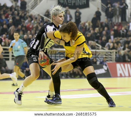 THESSALONIKI, GREECE, MARCH 27, 2015: Handball player in action during the Greek Women Cup Final handball game  Paok vs Nea Ionia
