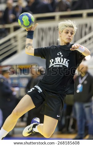 THESSALONIKI, GREECE, MARCH 27, 2015: Handball player jumbs to score during the warm up prior to the Greek Women Cup Final handball game  Paok vs Nea Ionia