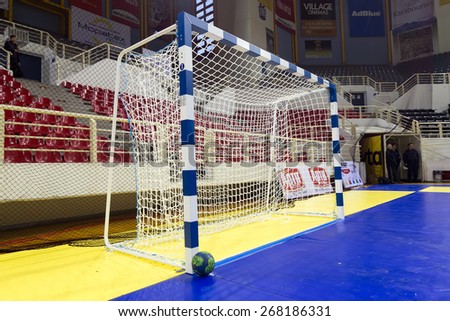 THESSALONIKI, GREECE, MARCH 27, 2015: Handball ball next to the goalpost prior to the Greek Women Cup Final handball game  Paok vs Nea Ionia