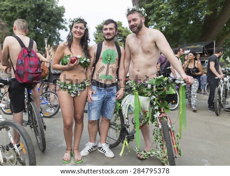 THESSALONIKI, GREECE - JUNE 5, 2015: 8th World Naked Bike Ride. Hundreds of cyclists either naked or half naked demanding a more sustainable Thessaloniki to mobility and cycling.