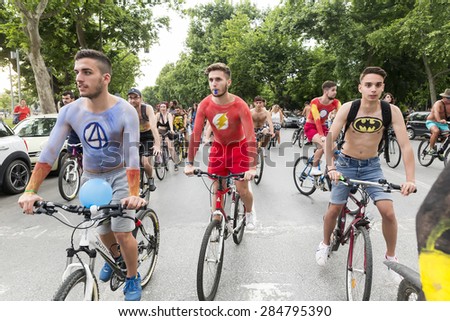 THESSALONIKI, GREECE - JUNE 5, 2015: 8th World Naked Bike Ride. Hundreds of cyclists either naked or half naked demanding a more sustainable Thessaloniki to mobility and cycling.