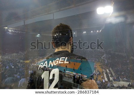 THESSALONIKI, GREECE, APRIL 23, 2015: Double exposure of Lucas Rangel during the Hellenic Volleyball League final games Paok vs Olympiacos at PAOK Sports Arena.