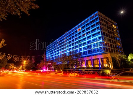 THESSALONIKI, GREECE- APRIL 12 , 2012: The hotel Makedonia Palace lit with blue and purple lights in Thessaloniki, Greece.