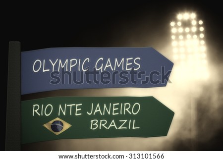 directional signs. Olympics Rio de Janeiro.  stadium lights and smoke background